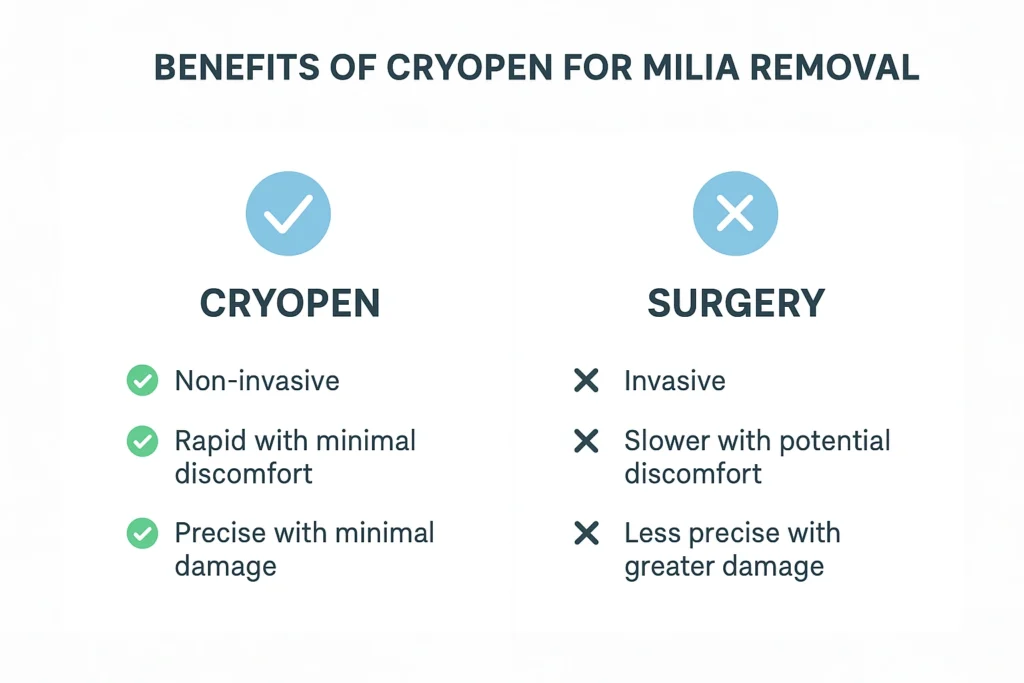 Benefits of cryopen for milia removal West Brompton compared to surgical treatments.