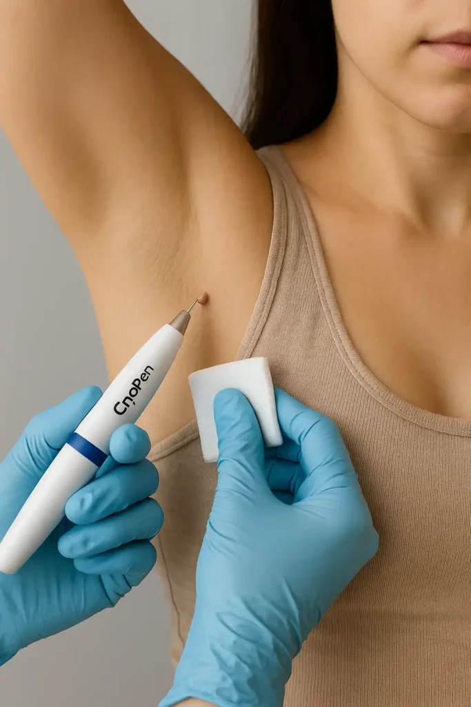 woman having cryopen to remove underarm skin tags West Brompton