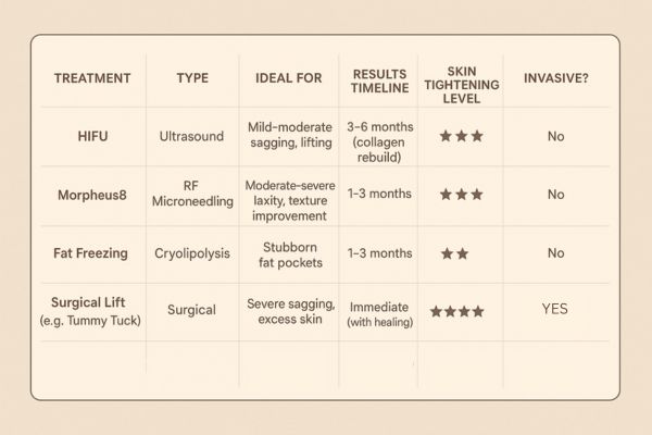 Table showing the comparisons of Skin tightening West Brompton treatment options.